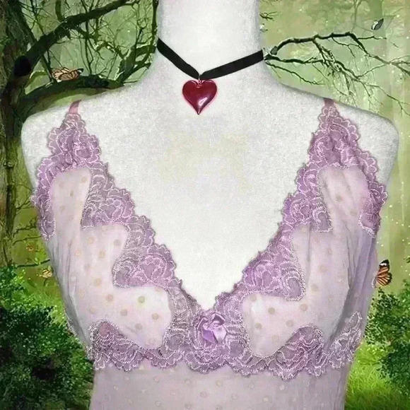 Vintage Y2K Mesh Polka Dot Purple Lace Mini Dress By Cinema Etoile Size Medium - Picture 2 of 8